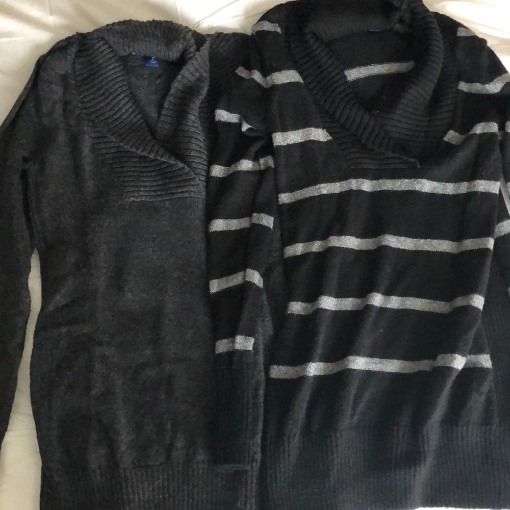 Two Old Navy shawl maternity sweaters